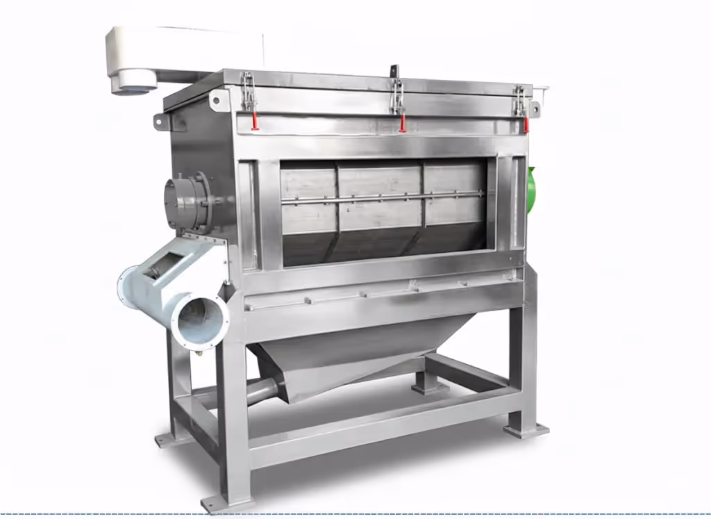 A vertical centrifugal dryer for a plastic washing line, designed to mechanically dewater and dry recycled plastic flakes.