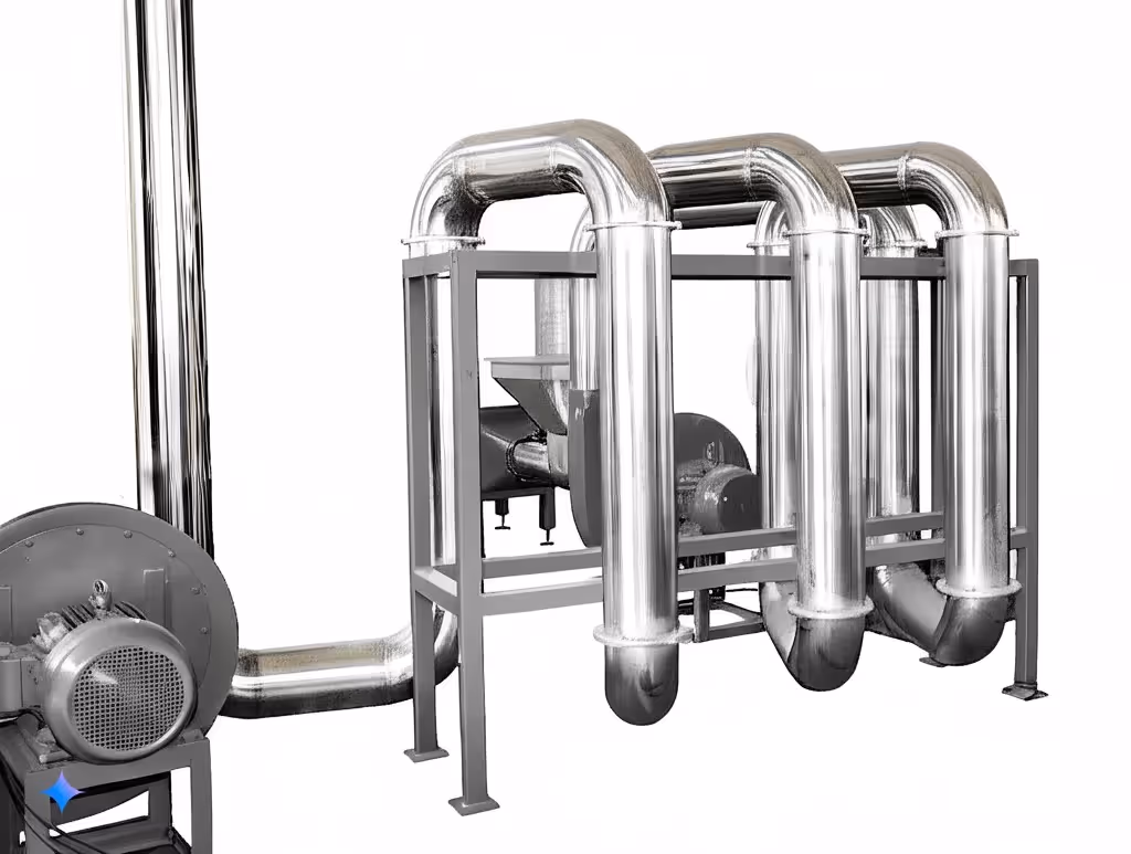 An industrial hot air pipe dryer system, used for the thermal drying of recycled plastic flakes in a recycling line.